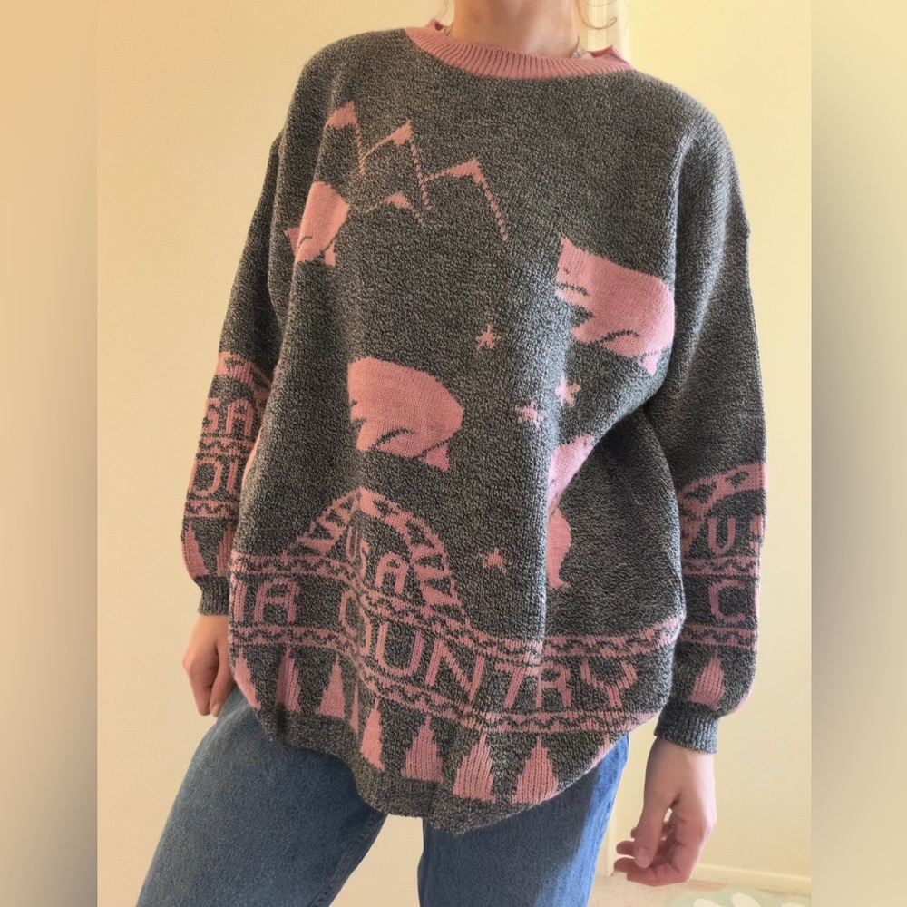 Gray and Pink Patterned Women's Sweater